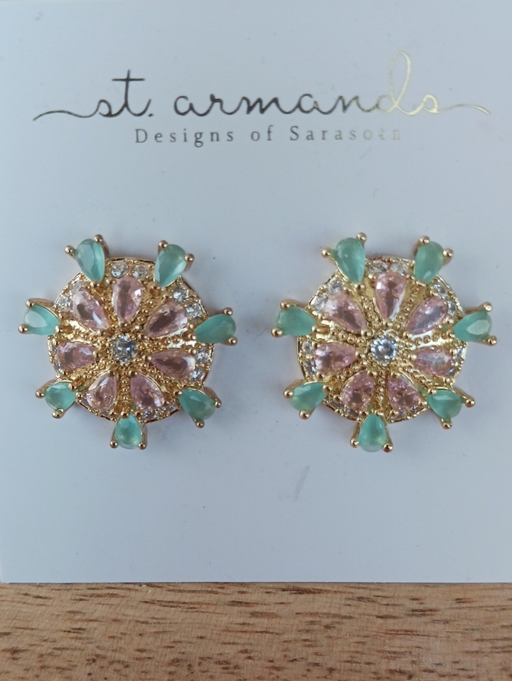 NWOT Pink, Green & Clear Stones Sparkle in Gold-tone Sand-dollar  Earrings.
